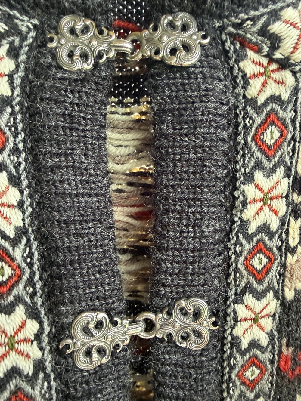 Black & Cream Norwegian Wool Cardigan with Red Accents - Picture 3 of 8